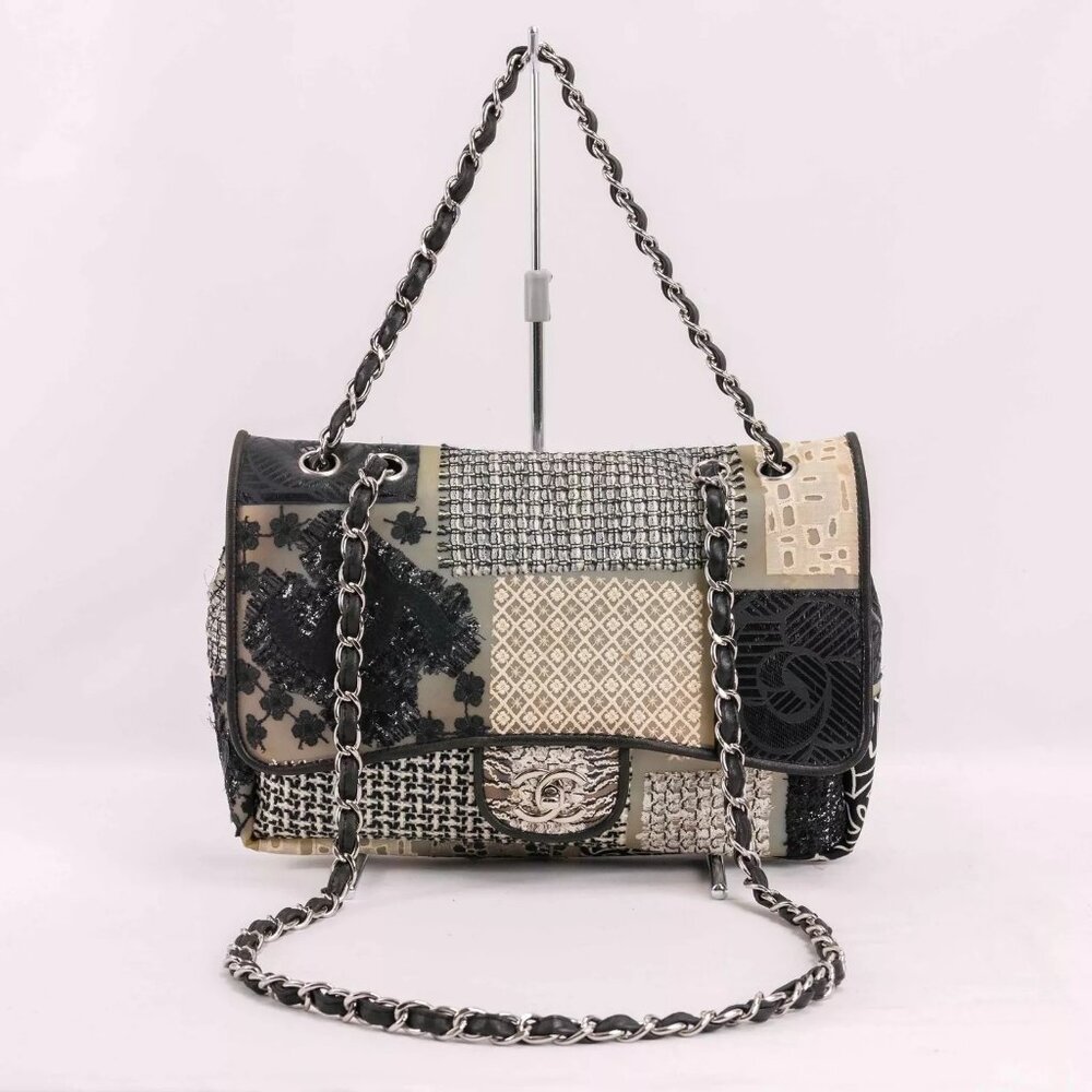 Authentic CHANEL PVC Tweed Patchwork Jumbo Single Flap Black - Picture 2 of 16